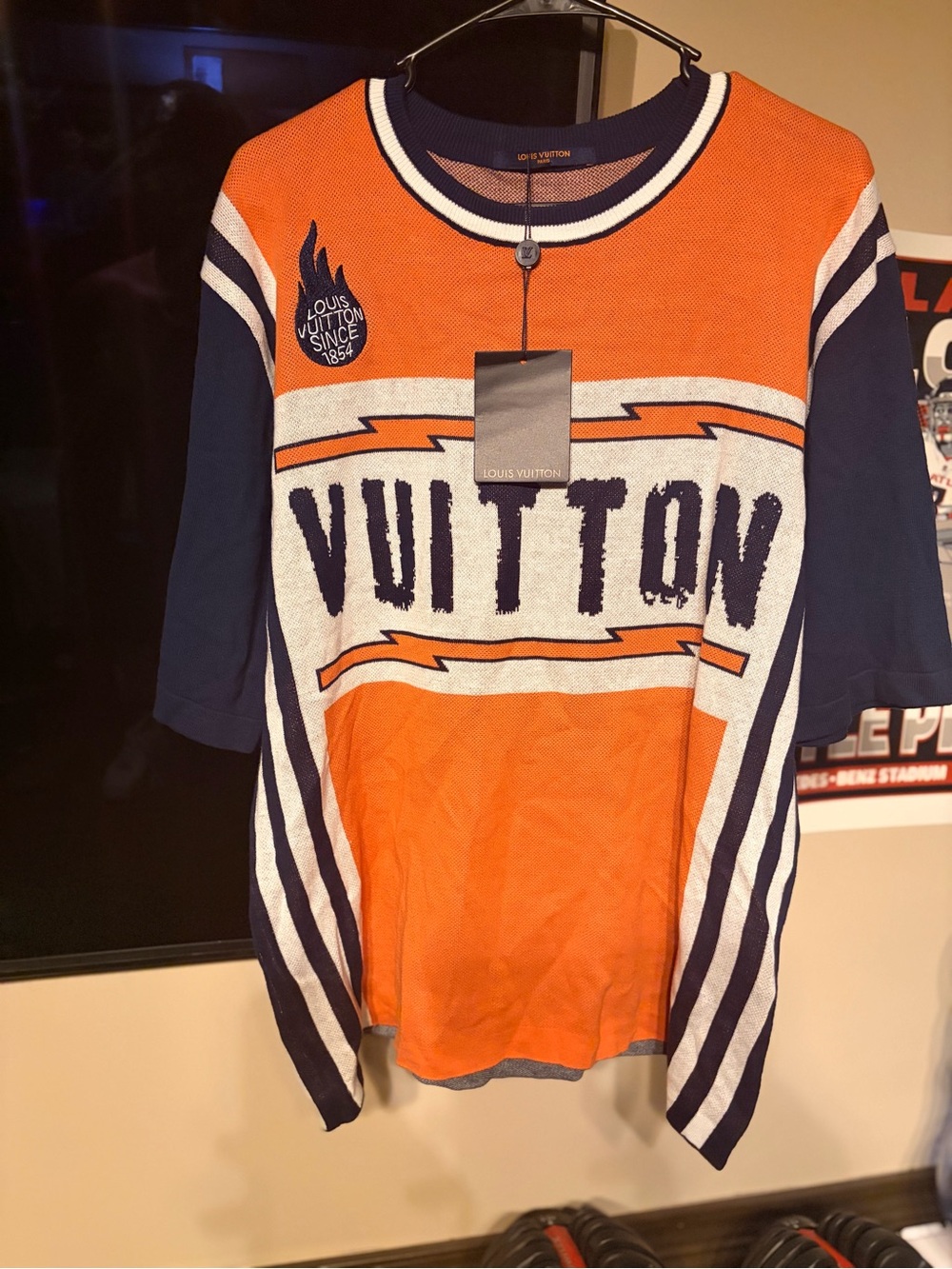 Louis Vuitton Orange and Navy VUITTON Logo Knit Top